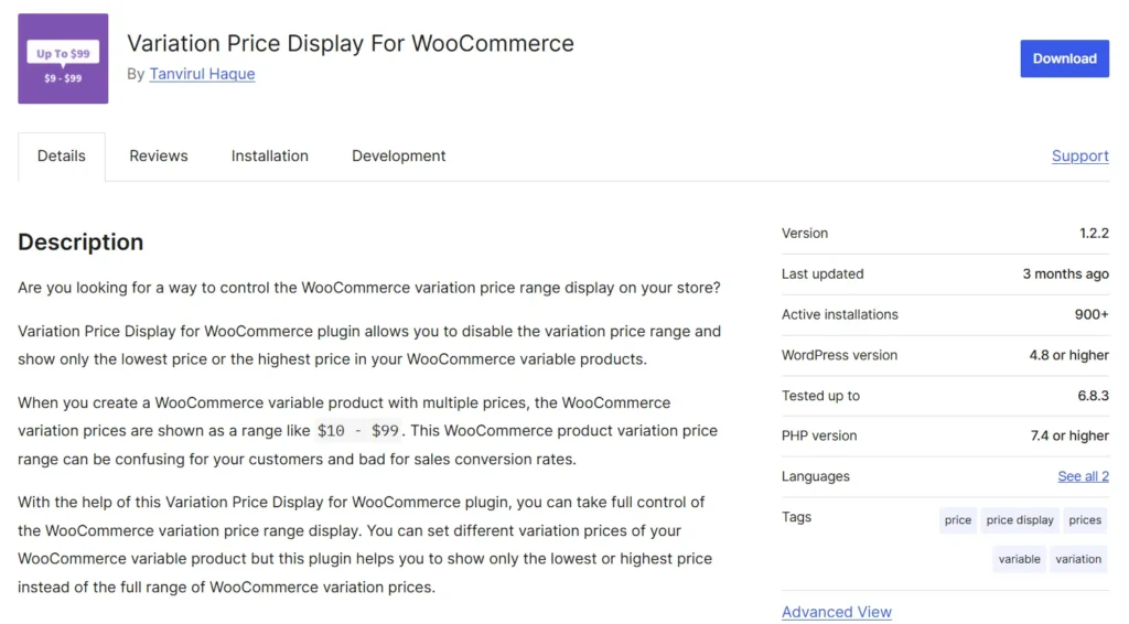 Variation Price Display For WooCommerce