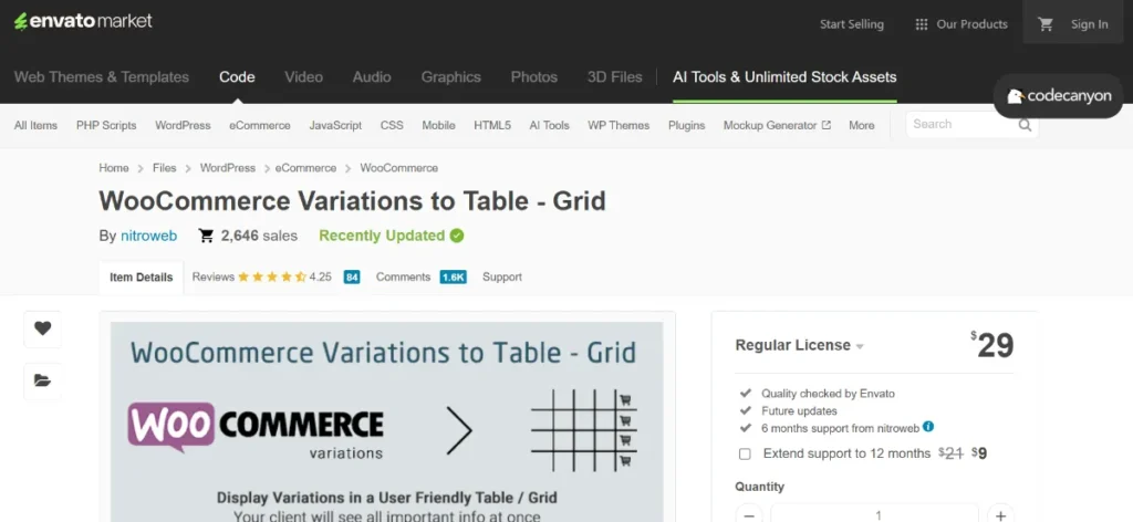Woocommerce Variations Table – Grid
