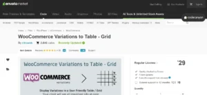 Woocommerce Variations Table – Grid