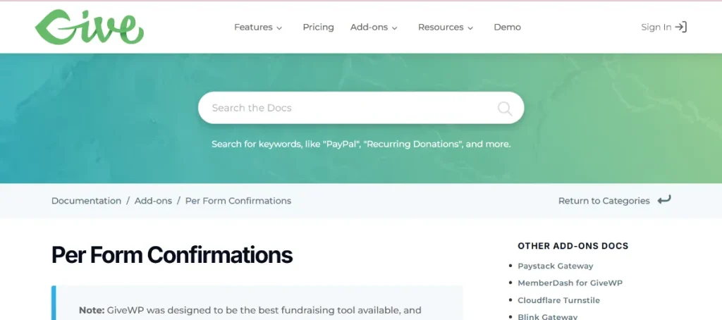 Give – Per Form Confirmation Message