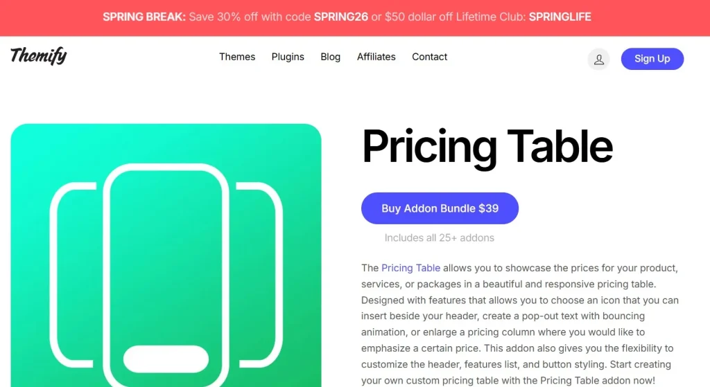 Builder Pricing Table