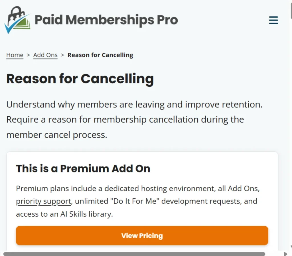 Paid Memberships Pro – Reason For Cancelling Add On